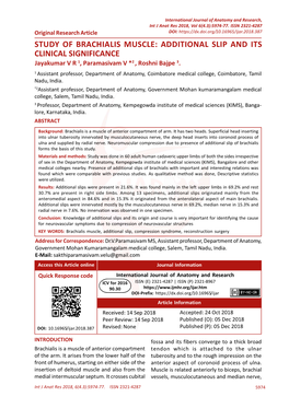 STUDY of BRACHIALIS MUSCLE: ADDITIONAL SLIP and ITS CLINICAL SIGNIFICANCE Jayakumar V R 1, Paramasivam V *2 , Roshni Bajpe 3