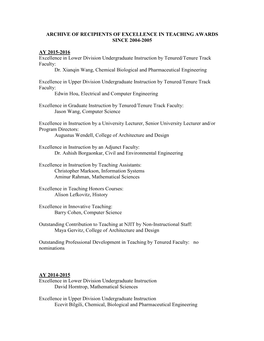 Recipients of Excellence in Teaching Awards Since 2004-2005