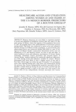 Healthcare Access and Utilization Among Women 40 Ano Older at the U.S .-Mexico Border: Predictors of a Routine Check-Up