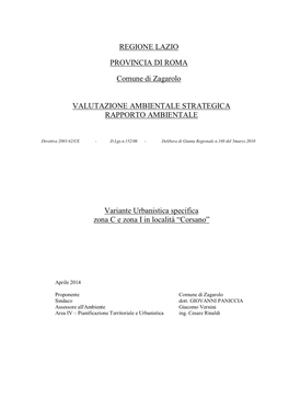 Variante Urbanistica Specifica Zona C E Zona I in Località “Corsano”