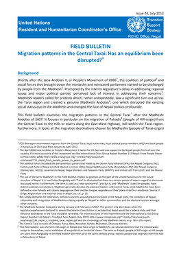 FIELD BULLETIN Migration Patterns in the Central Tarai: Has an Equilibrium Been Disrupted?1