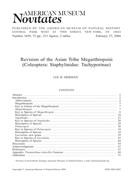 Revision of the Asian Tribe Megarthropsini (Coleoptera: Staphylinidae: Tachyporinae)