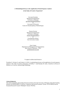 A Methodological Essay on the Application of Social Sequence Analysis to the Study of Creative Trajectories*