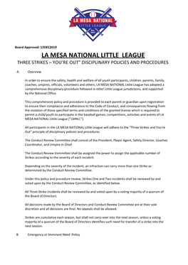 La Mesa National Little League Three Strikes – You’Re Out” Disciplinary Policies and Procedures