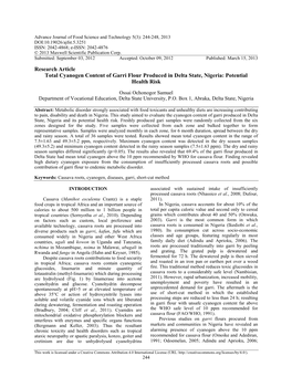 Research Article Total Cyanogen Content of Garri Flour Produced in Delta State, Nigeria: Potential Health Risk