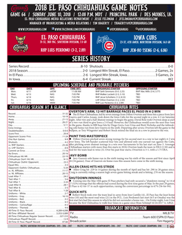 2018 El Paso Chihuahuas Game Notes Game 64 / Sunday June 10, 2018 / 12:08 P.M