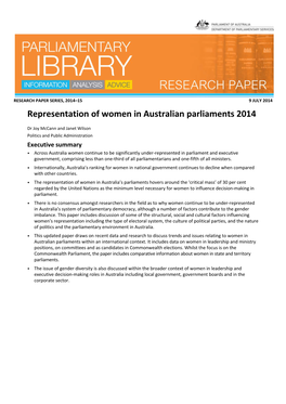 Representation of Women in Australian Parliaments 2014 9 July