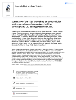 Summary of the ISEV Workshop on Extracellular Vesicles As Disease Biomarkers, Held in Birmingham, UK, During December 2017