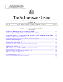 The Saskatchewan Gazette, August 26, 2011 1813 Ce Numéro Ne Contient Pas De Partie Ii (Règlements Révisés) Ou De Partie Iii (Règlements)