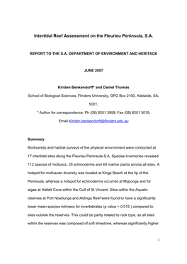 Intertidal Reef Assessment on the Fleurieu Peninsula, S.A