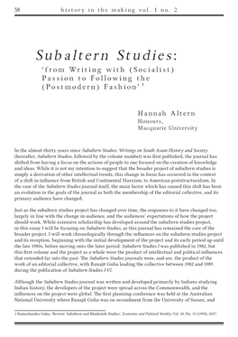 Subaltern Studies: ‘From Writing with (Socialist) Passion to Following the (Postmodern) Fashion’ 1