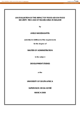 An Evaluation of the Impact of Food Aid on Food Security: the Case of Ngabu Area in Malawi