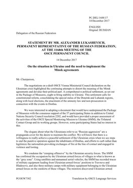 STATEMENT by MR. ALEXANDER LUKASHEVICH, PERMANENT REPRESENTATIVE of the RUSSIAN FEDERATION, at the 1168Th MEETING of the OSCE PERMANENT COUNCIL