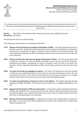 1 Arborfield & Newland Parish Council Minutes of the Annual Meeting Of