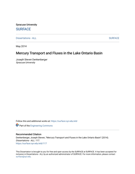 Mercury Transport and Fluxes in the Lake Ontario Basin