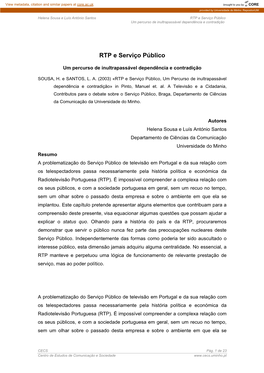 RTP E Serviço Público Um Percurso De Inultrapassável Dependência E Contradição