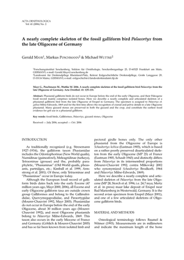 A Nearly Complete Skeleton of the Fossil Galliform Bird Palaeortyx from the Late Oligocene of Germany