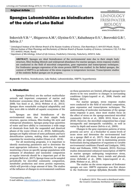 Sponges Lubomirskiidae As Bioindicators of the State of Lake Baikal