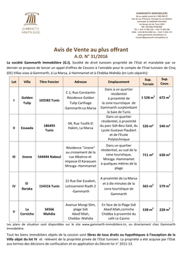 Avis De Vente Au Plus Offrant A.O