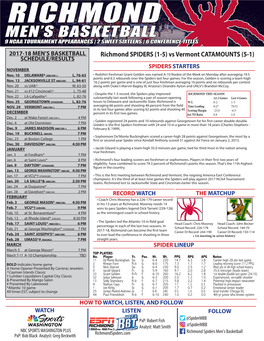 Richmond SPIDERS (1-5) Vs Vermont CATAMOUNTS (5-1) SCHEDULE/RESULTS SPIDERS STARTERS NOVEMBER Nov