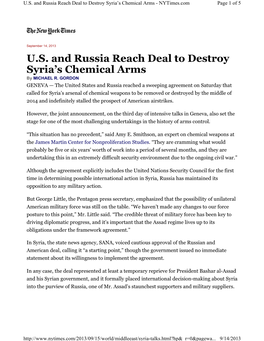 U.S. and Russia Reach Deal to Destroy Syria's Chemical Arms