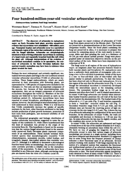 Four Hundred-Million-Year-Old Vesicular Arbuscular Mycorrhizae (Endomycorrhiae/Symbiosis/Fossil Ft /Mut ) WINFRIED REMY*, THOMAS N