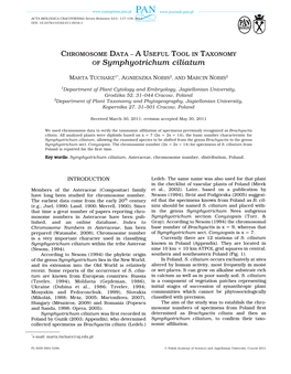 Chromosome Data – a Useful Tool in Taxonomy of Symphyotrichum Ciliatum