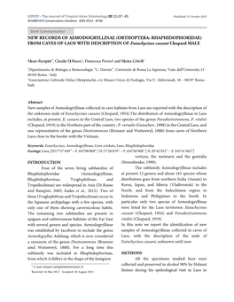 NEW RECORDS of AEMODOGRYLLINAE (ORTHOPTERA: RHAPHIDOPHORIDAE) from CAVES of LAOS with DESCRIPTION of Eutachycines Cassani Chopard MALE