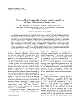 Water Soluble Polysaccharides of Marine Algal Species of Ulva (Ulvales, Chlorophyta) of Indian Waters