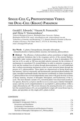 Single-Cell C4 Photosynthesis Versus the Dual-Cell (Kranz)Paradigm