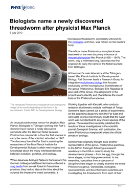 Biologists Name a Newly Discovered Threadworm After Physicist Max Planck 9 July 2013