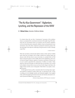 Vigilantism, Lynching, and the Repression of the IWW