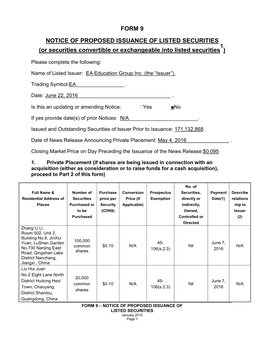 Form 9 Notice of Proposed Issuance of Listed