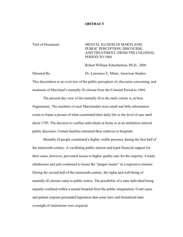 ABSTRACT Title of Document: MENTAL ILLNESS in MARYLAND