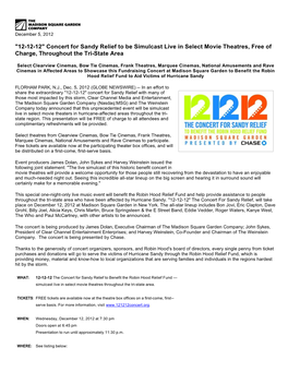 "12-12-12" Concert for Sandy Relief to Be Simulcast Live in Select Movie Theatres, Free of Charge, Throughout the Tri-State Area