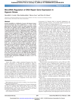 Microrna Regulation of DNA Repair Gene Expression in Hypoxic Stress Meredith E