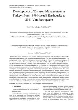 Development of Disaster Management in Turkey: from 1999 Kocaeli Earthquake to 2011 Van Earthquake