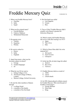 Freddie Mercury Quiz WORKSHEET A