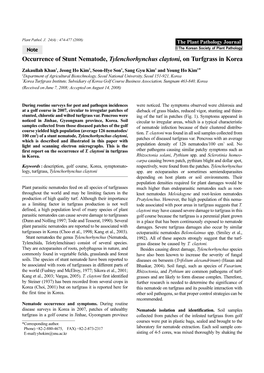 Occurrence of Stunt Nematode, Tylenchorhynchus Claytoni, on Turfgrass in Korea