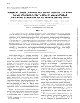 Potassium Lactate Combined with Sodium Diacetate Can Inhibit Growth of Listeria Monocytogenes in Vacuum-Packed Cold-Smoked Salmon and Has No Adverse Sensory Effects