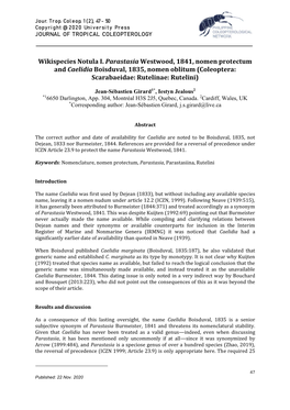 Wikispecies Notula I. Parastasia Westwood, 1841, Nomen Protectum and Caelidia Boisduval, 1835, Nomen Oblitum (Coleoptera: Scarabaeidae: Rutelinae: Rutelini)