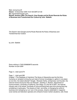 Amazon Offer the Search: How Google and Its Rivals Rewrote the Rules of Business and Transformed Our Culture by John Battelle