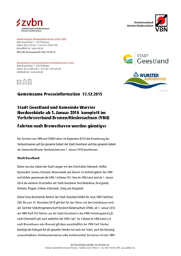 Gemeinsame Presseinformation 17.12.2015 Stadt Geestland Und