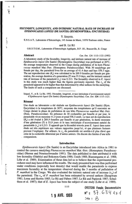 Fecundity, Longevity, and Intrinsic Natural Rate of Increase of Epzdznocarszs Lopezz @E Santis) (Hymenoptera Encyrtidae) Y