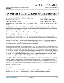 Protected Landmark Designation Report