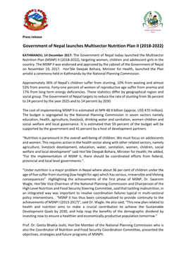 Government of Nepal Launches Multisector Nutrition Plan II (2018-2022)