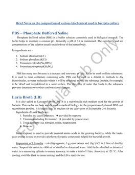 PBS – Phosphate Buffered Saline Luria Broth (LB)