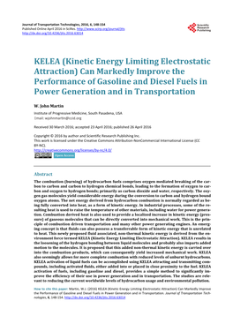 KELEA (Kinetic Energy Limiting Electrostatic Attraction) Can Markedly Improve the Performance of Gasoline and Diesel Fuels in Power Generation and in Transportation