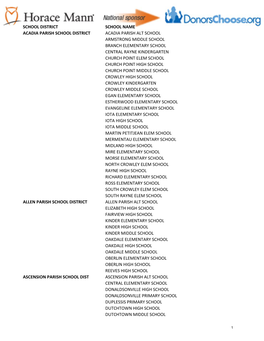 School District School Name Acadia Parish School District Acadia Parish Alt School Armstrong Middle School Branch Elementary