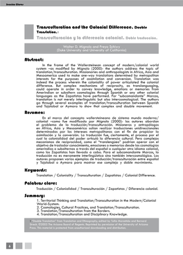 Transculturation and the Colonial Difference. Double Translation.1 Transculturación Y La Diferencia Colonial